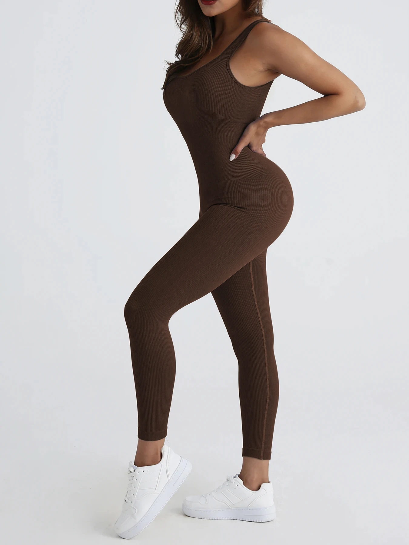 Women\'s shapewear jumpsuit slim fit square neck sleeveless summer jumpsuit ribbed yoga suit sports outdoor casual clothing