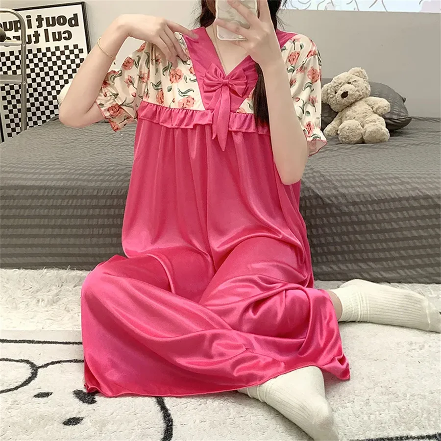 Lace Loose Soft Home Short Sleeve Summer Korean Style NightDress Women Print Kawaii Ethnic style Ins Elegant Casual Sleepwear