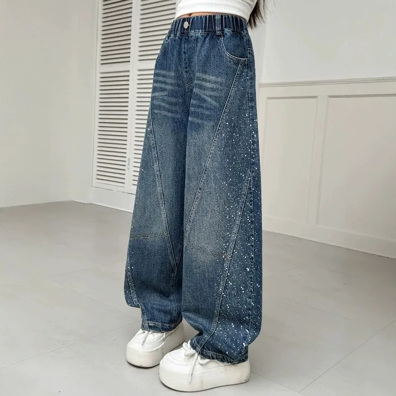 Kinder Mädchen Jeans UNITIM Herbst Junge Teenager Mädchen Glänzende Denim-Hosen Lose Elastische Taille Junior 4-14J Mädchen Weite Hosen – Detail 4