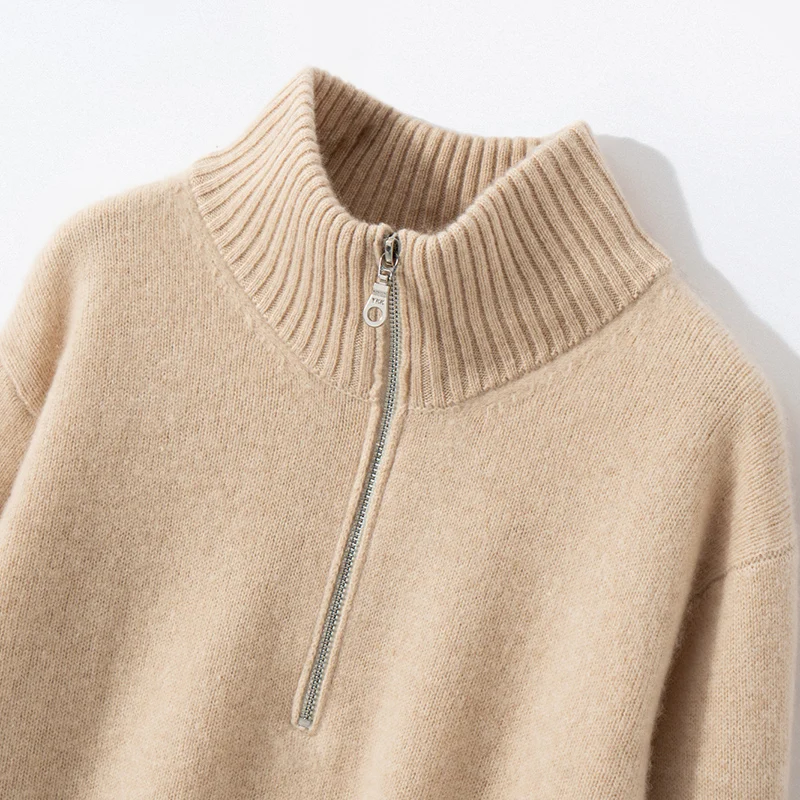 High-quality Autumn Winter Women\'s 100% Cashmere Sweater Half High Collar Fashion Thicken Tops Female Loose Solid Knit Pullover