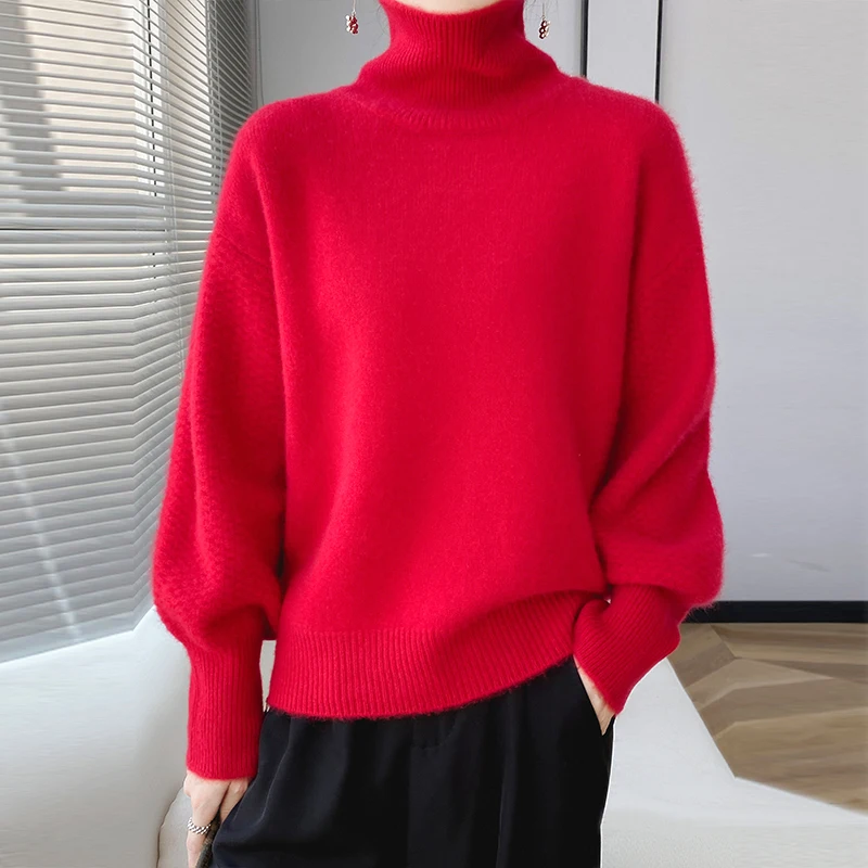 New women\'s sweater in autumn and winter 100% merino wool sweater turtleneck cashmere sweater 7-pin thick warm casual top.