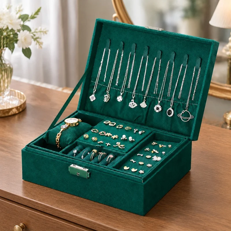 Retro Style Velvet Jewelry Box with Double Lock, Spacious Storage for Watches, Necklaces, and Earrings