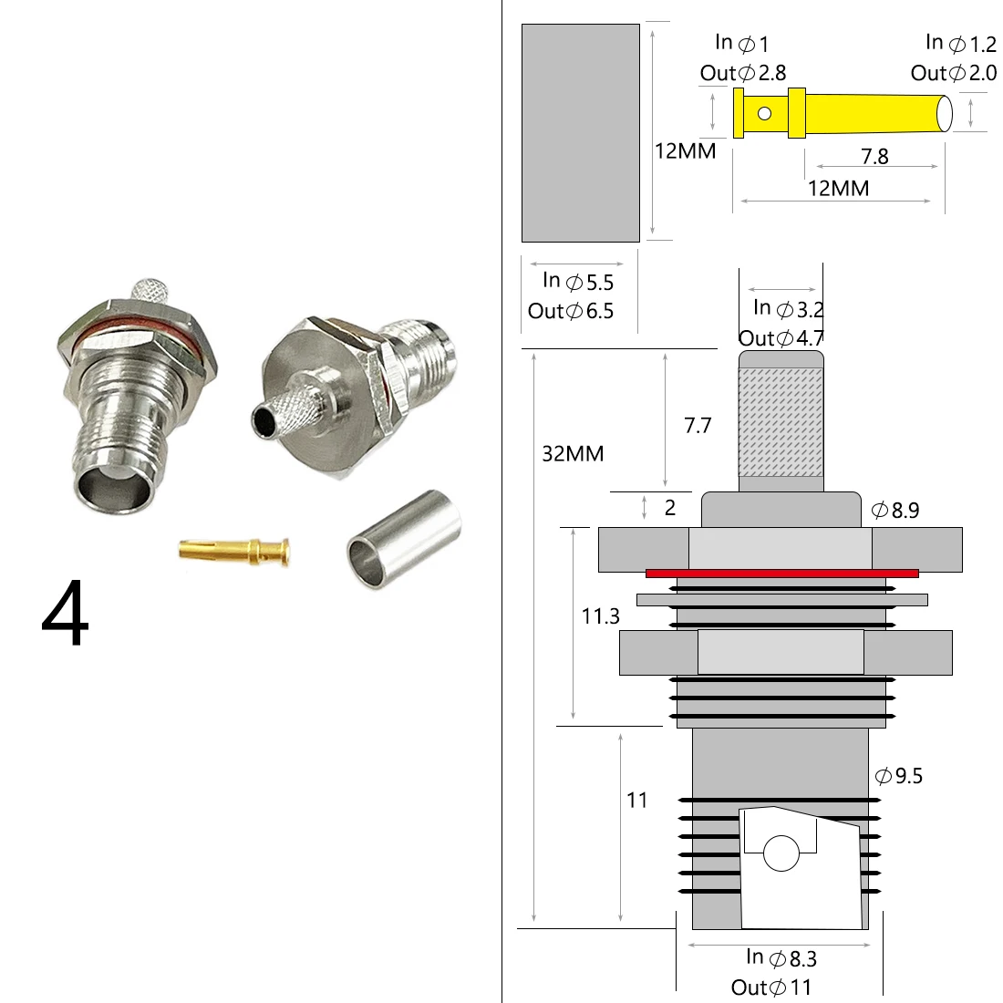 1-4PC BNC maschio femmina spina Jack RF connettore coassiale a crimpare per RG316 RG174 RG58 RG142 cavo rame nichelato con disegno nuovo