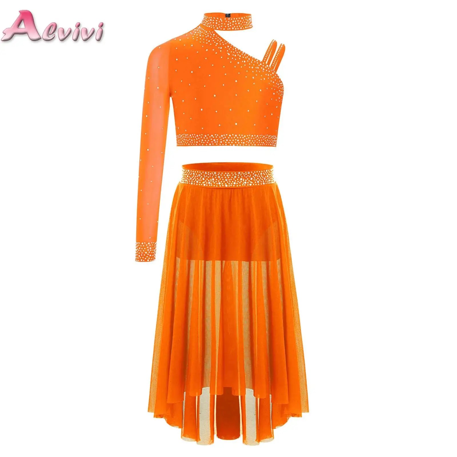 

Kids Girls Lyrical Dance Set Unique Irregular Shoulder Crop Top with Side Slit High-Low Irregular Mesh Skirt Ballet Dancewear
