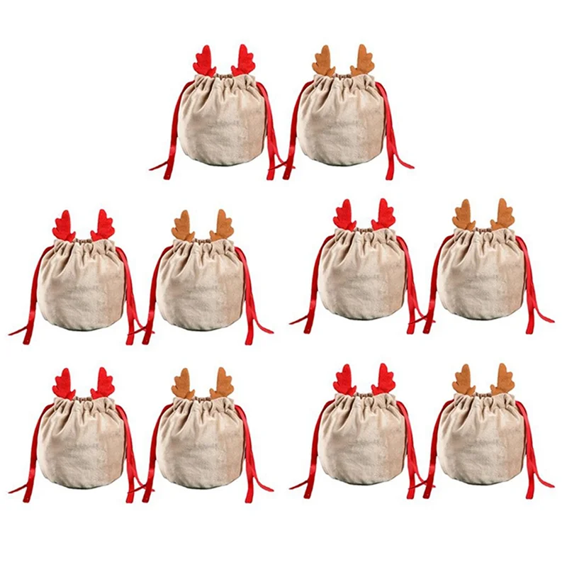 A59E-10Pcs Christmas Reindeer Candy Gift Bag Sacks Drawstring Gift Bags Christmas Decorate Kids New Year Party Gift