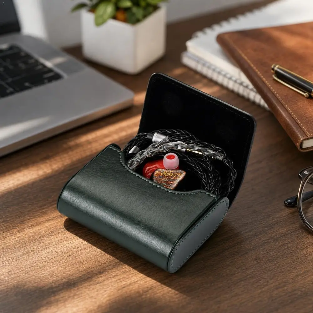 Magnetic Earphone Case Portable PU Leather Mini Storage Pouch Soft Flock Lining Wear-resistant Stitching Anti-tangle Organizer