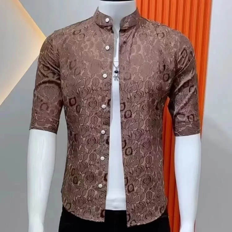 Advanced Printed Short Sleeve Shirt Men's Casual Slim Fit Korean Style Handsome Summer Polyester Fiber Shirt Polyester Breath...