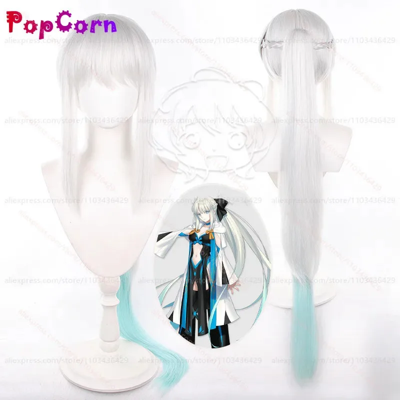 Aa124LQFate Morgan com rabo de cavalo unissex 105 cm de comprimento prata branco verde em camadas gradiente peruca cosplay anime resistente ao calor synt