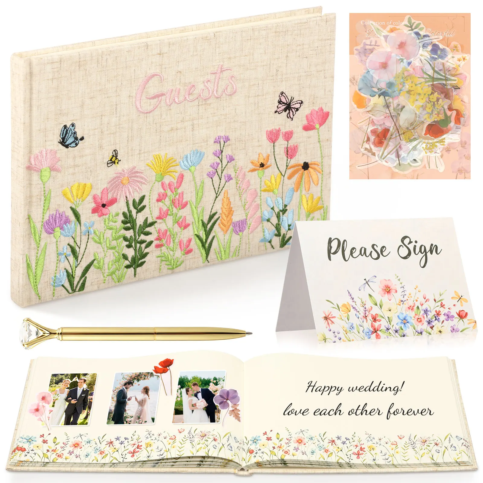 Livre d'or de mariage avec stylo, autocollants photo motif fleurs sauvages et cartes de signature pour réception de mariage, baby shower, fête nuptiale