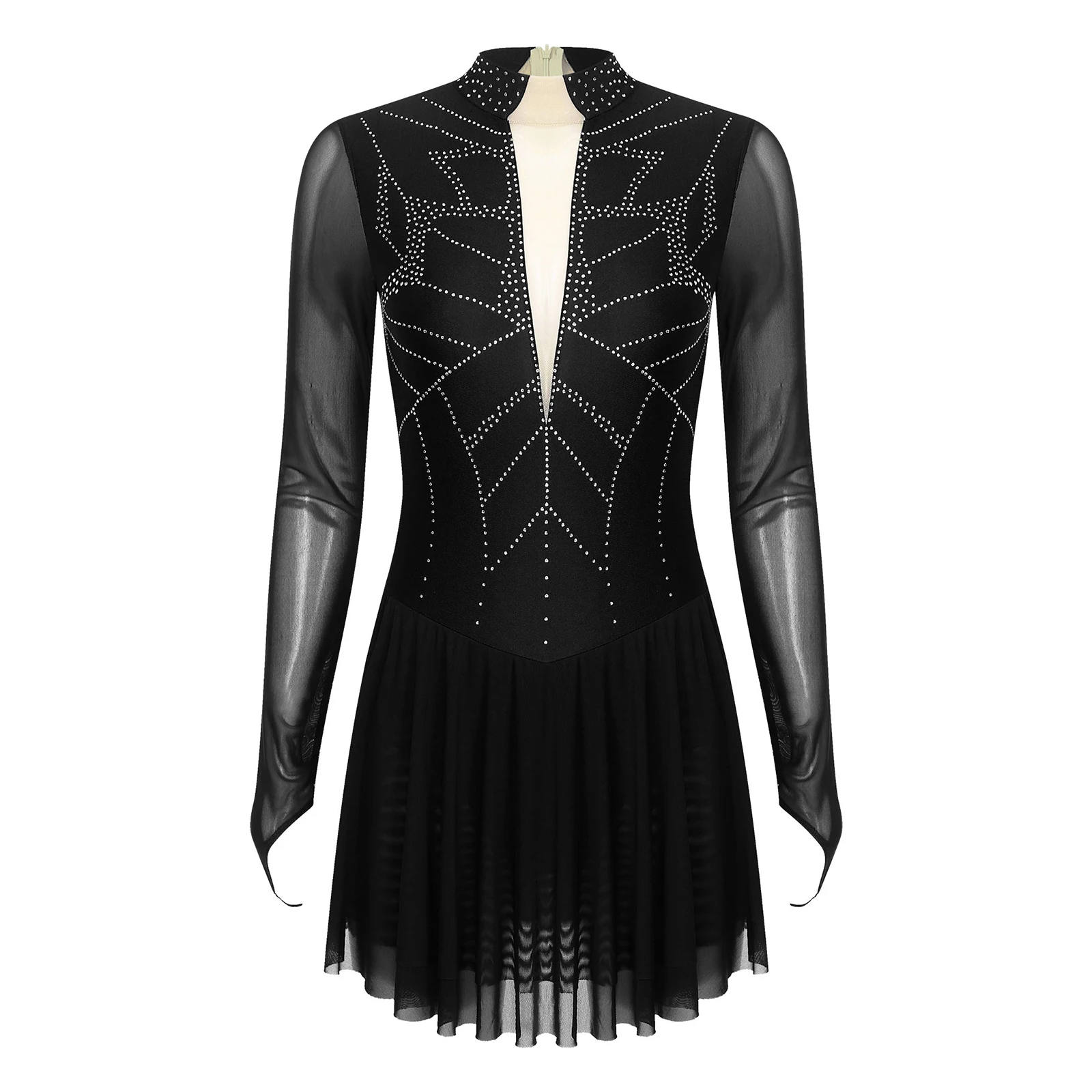 Womens Gymnastics Artistic Figure Skating Dress Ballet Lyrical Dance Costume Shiny Rhinestones Sheer Mesh Long Sleeve Dress