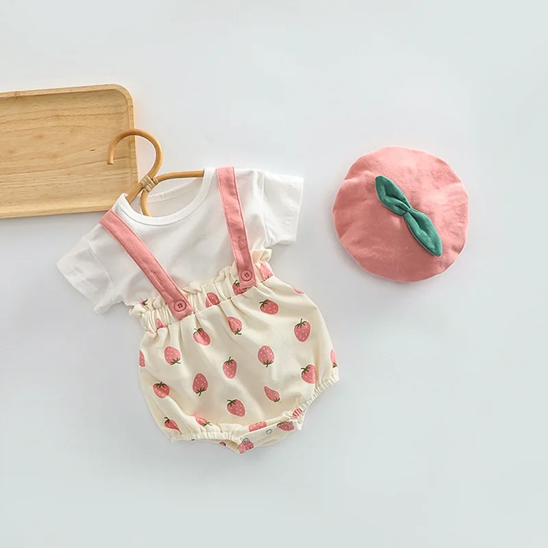 Ins Girl Baby Clothes Summer New Strawberry Print Baby Girl's Suspenders Pant+Hat Cotton Soft Climbing Clothes