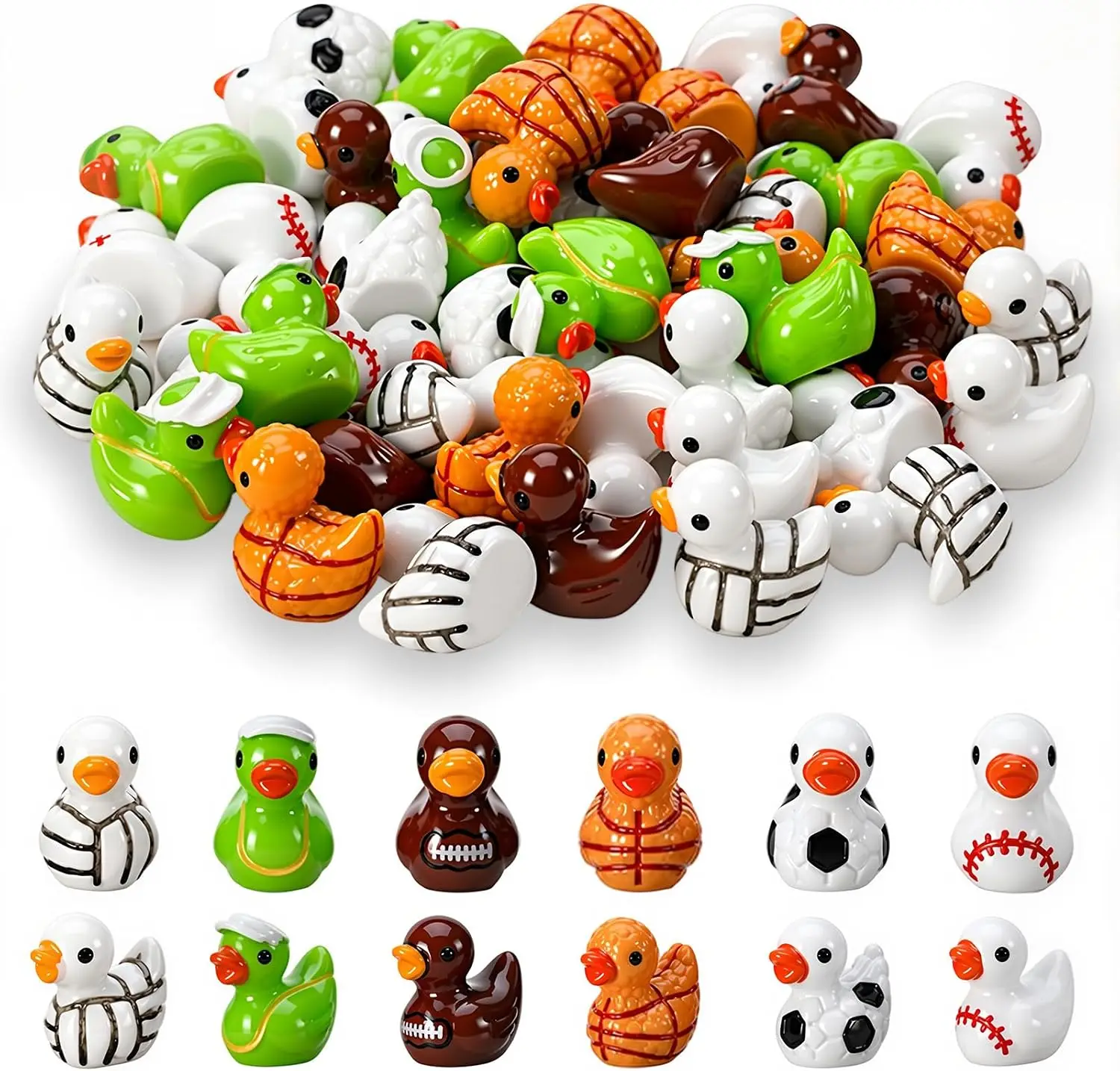 30 Pcs Sports Themed Mini Resin Duck Figurine Set 6 Ball Game Styles Tennis Soccer Volleyball Softball Basketball Rugby