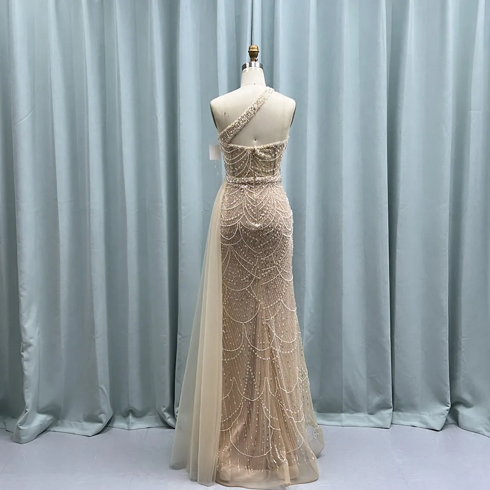 YQLNNE Fashion Nude One Shoulder Prom Dresses Long Beading Formal Evening Party Gown Sleeveless Robe De Soiree