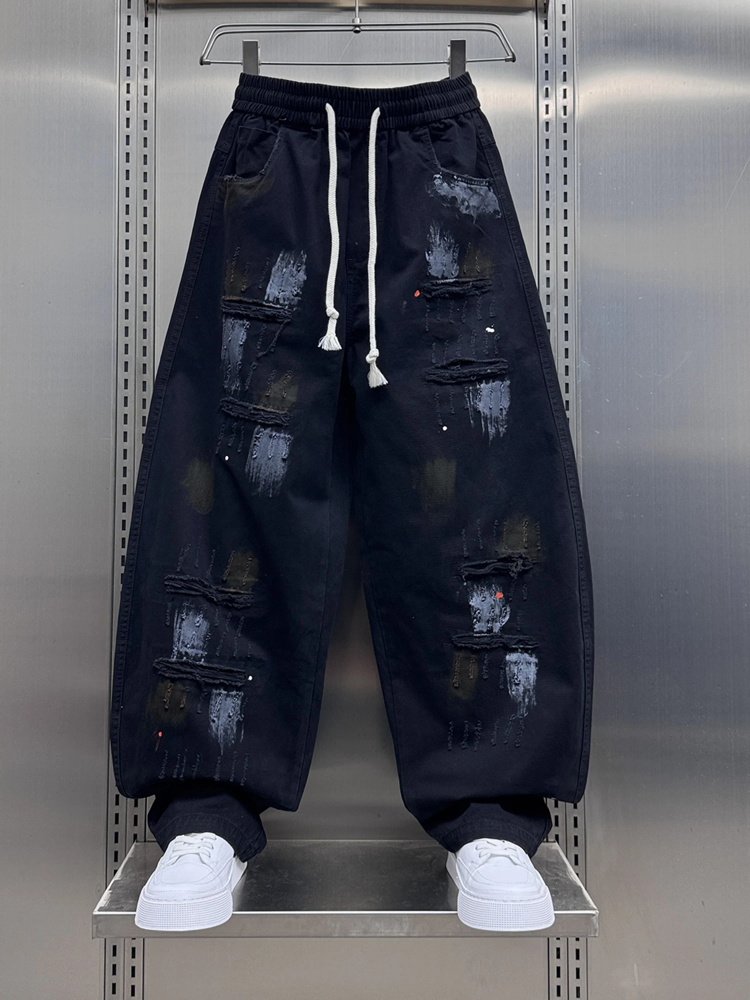 

Модные американские мужские брюки свободного кроя с широкими штанинами и эффектом потертости, осенние повседневные хлопковые прямые брюки в стиле High Street