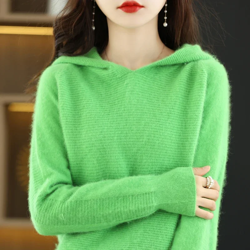 New hoodies in autumn and winter women's 100% mink cashmere sweater fashion sweater hooded knit pullover bottoming shirt