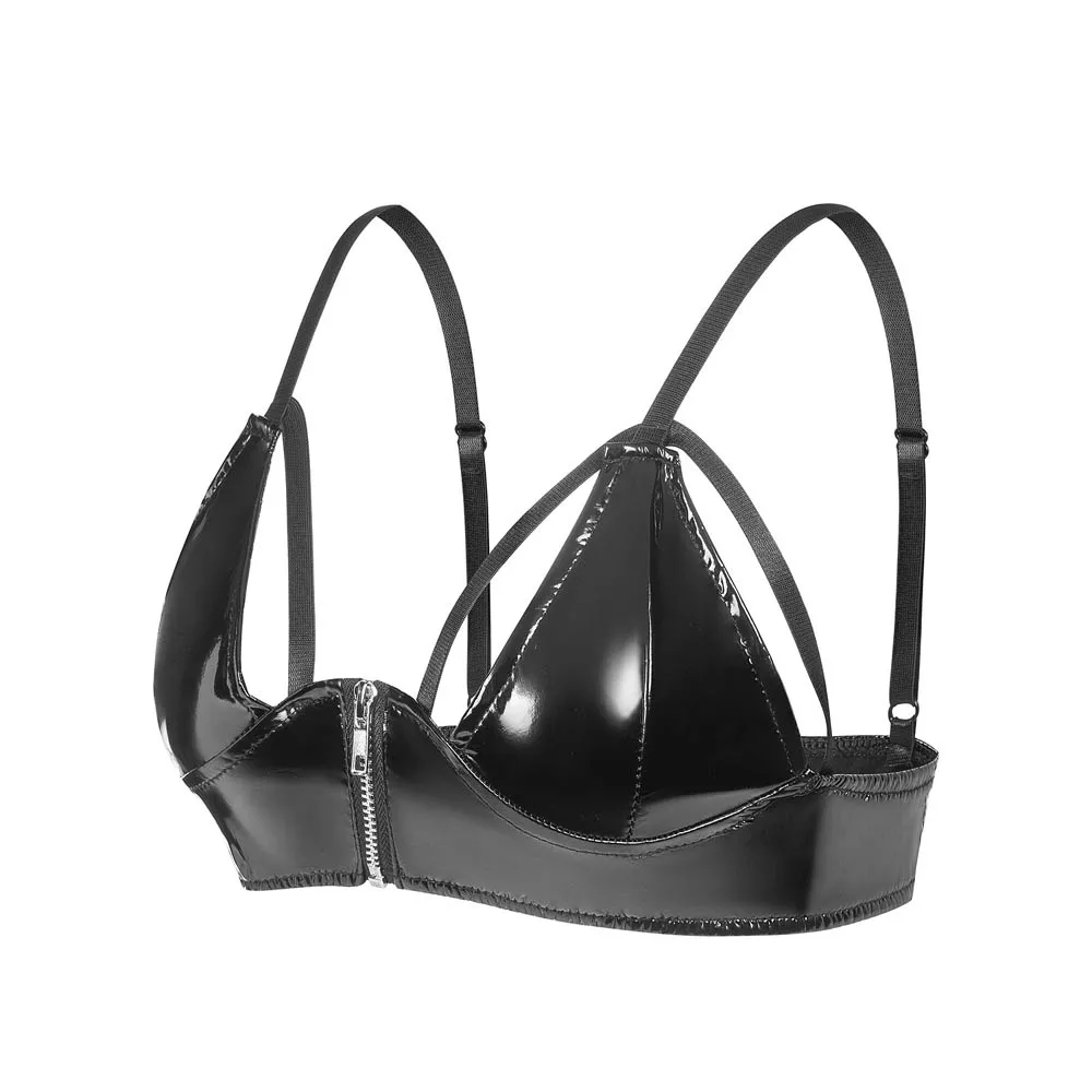 Woman Open Zipper Halter Bra Sexy Girl Brassiere Sexy Lingerie PVC Vest Waistcoat Half-Exposed Breast Patent Leather Tank Top
