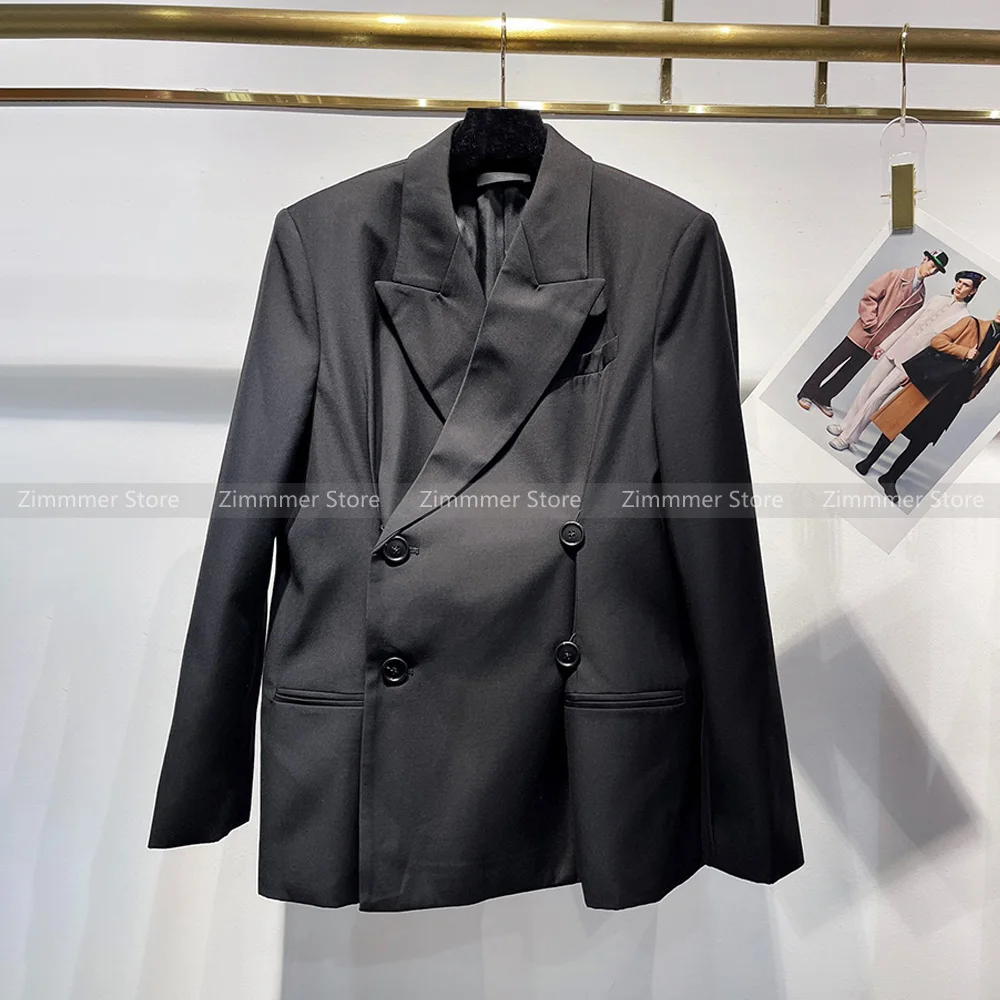 

24 early autumn new commuter temperament black loose thin minimalist both sides pleated handsome wool suit