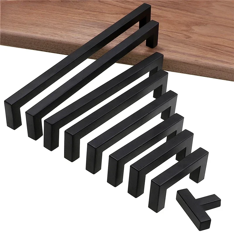 Modern Black Cabinet Handle Square Furniture Hardware Stainless Steel Kitchen Door Knobs Cupboard Wardrobe Drawer Pulls