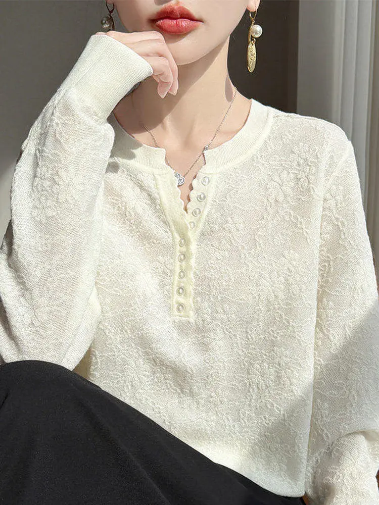 

Элегантный вязаный женский топ с V-образным вырезом и полуоткрытыми длинными рукавами, свободного кроя, для создания нежного образа, весна-лето, базовая рубашка-поддевка