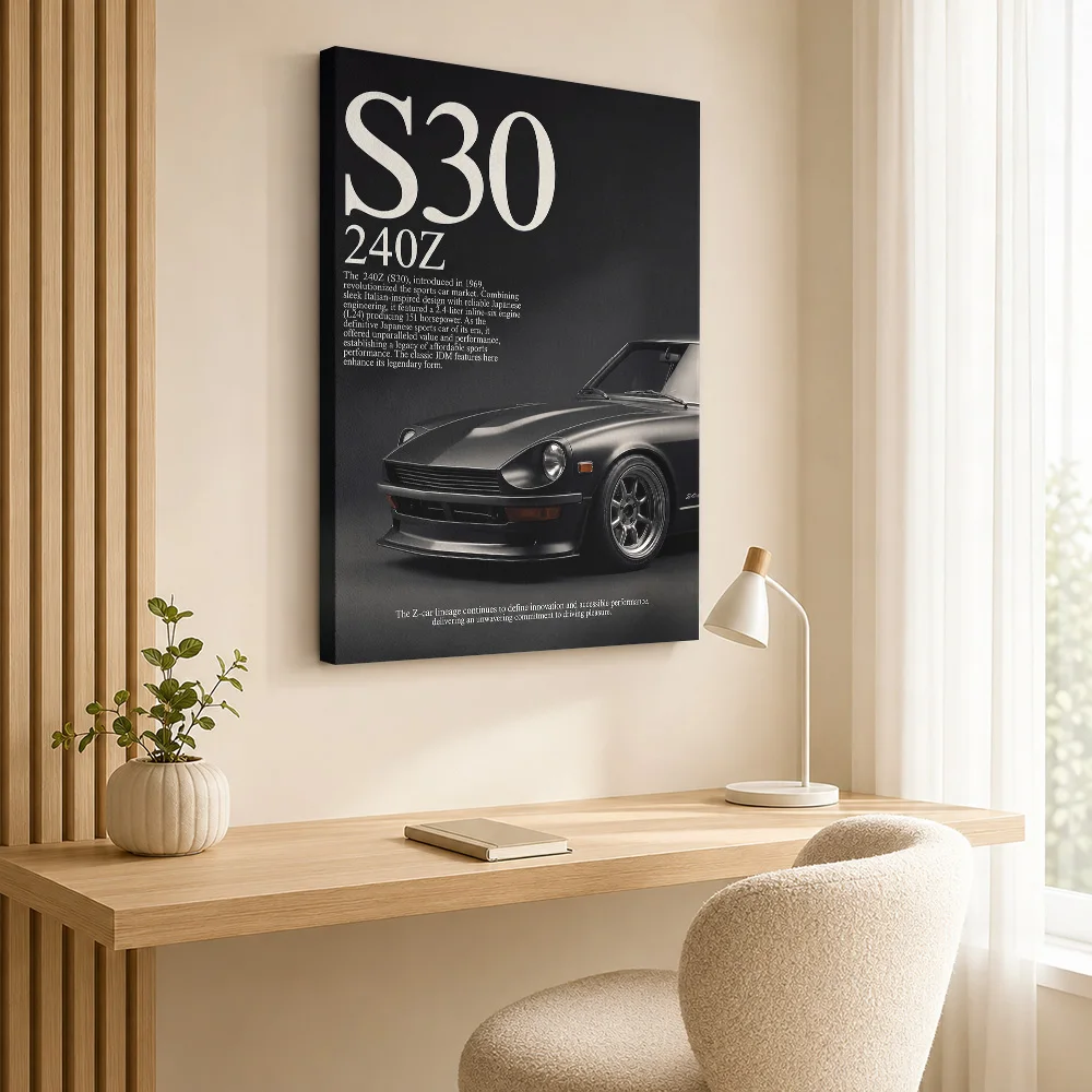 Close-Up Black Japanese 240Z S30 Vintage Car Framed Canvas Poster Personalized Photo Gallery Style Canvas Wall Art Garage Decor