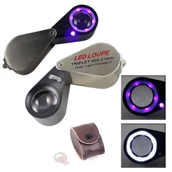 10X 20X 30X 40X Magnifier with 6 LEDs 7 UV Lights Jewelry Diamond Magnifying Glass Handheld Illuminated Folding Loupe Magnifier