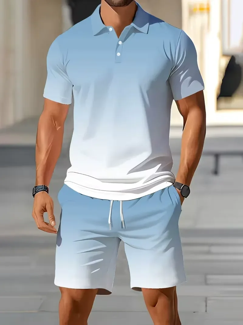 Fashion Summer gradient color men's suit button polo shirts set Leisure men's suit fashion Man 2 piece set ventilate men's sets