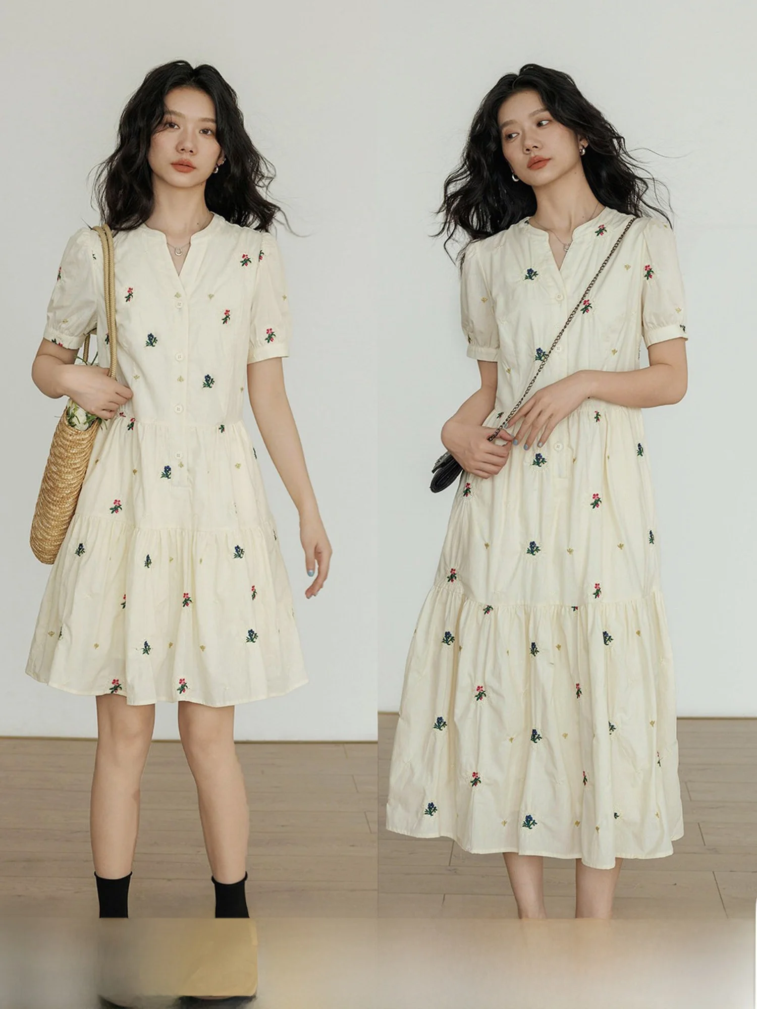 

Summer V-Neck Embroidered Shirt Dress Women's Princess Style A-Line Skirt Lazy Vacation Short Skirt Cotton Bubble Sleeve High...