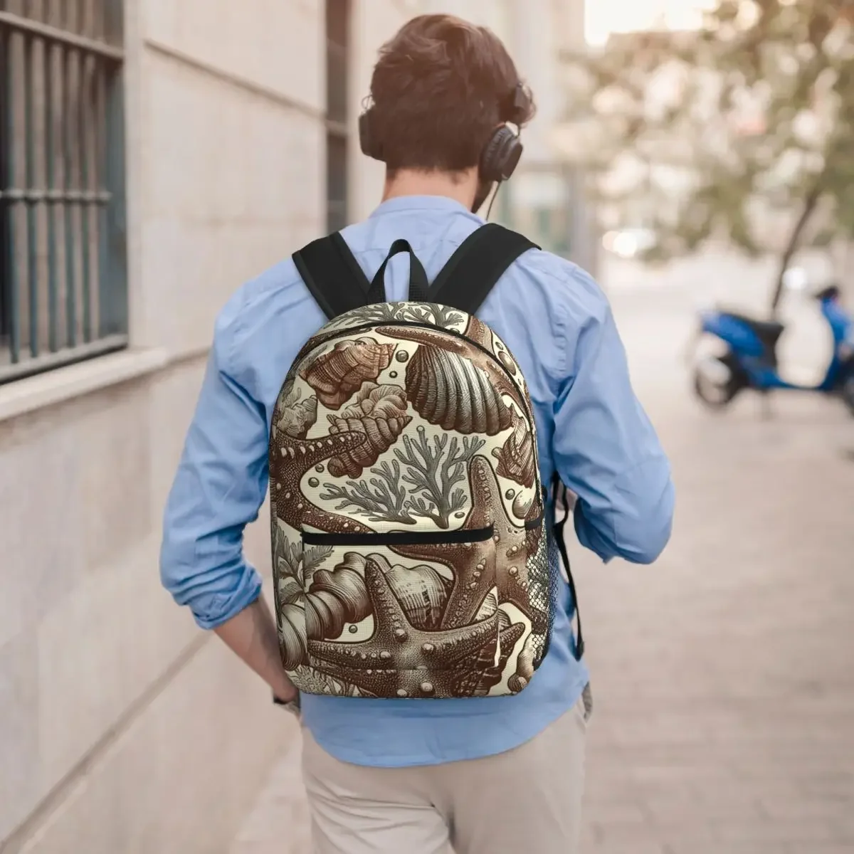 Beachthemed Starfish Shell Pattern Backpack Student BookBag Kids School Bag Laptop Shoulder Bags for Men Women