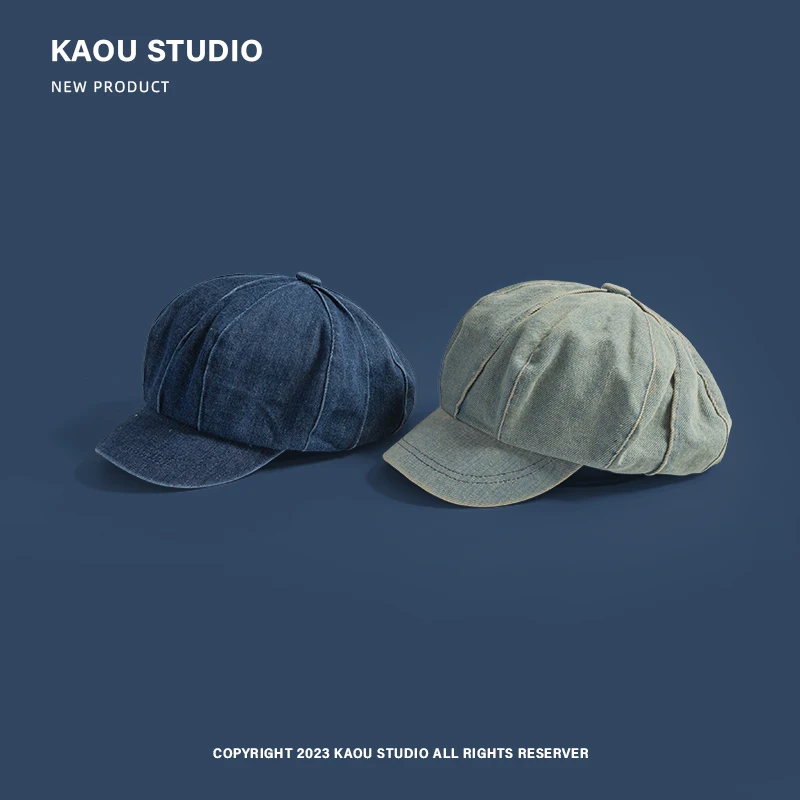 Retro Denim Octagonal Cap Women's Spring and Autumn New Korean Beret Niche Stitching Cloud Hat 3