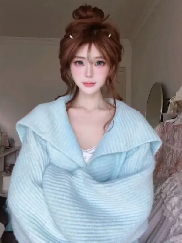 

Trendy Loose Knitted Sweater Soft Sle Faionable Winter Top for Small Figures Anti-Aging Sli Warmth round Ne Button up