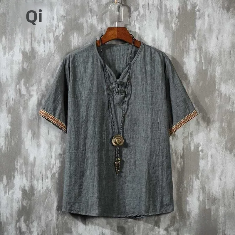 

Свободная льняная футболка ort Sve, мужская повседневная хлопковая льняная футболка с вышивкой, тонкая винтажная футболка на пуговицах irt Busin Sle в полоску