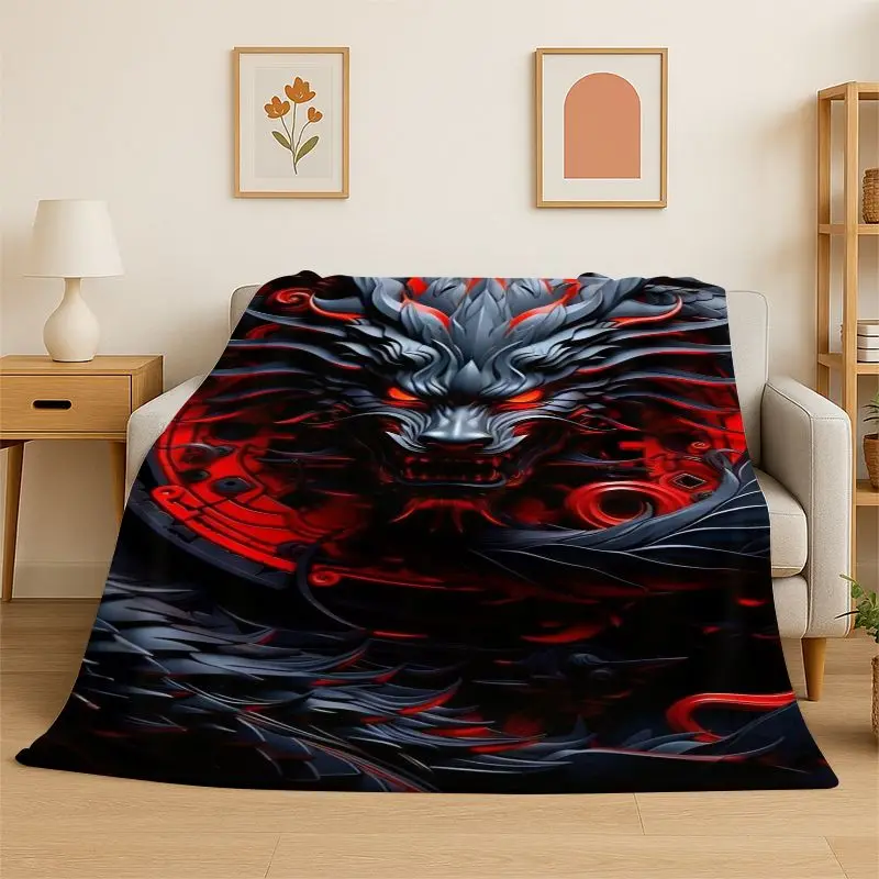 Dragon China Loong Cartoon Flannel Blanket Soft Throw Blanket for Bedroom Living Room Bed Travel Camping Picnic Nap Cover Gift