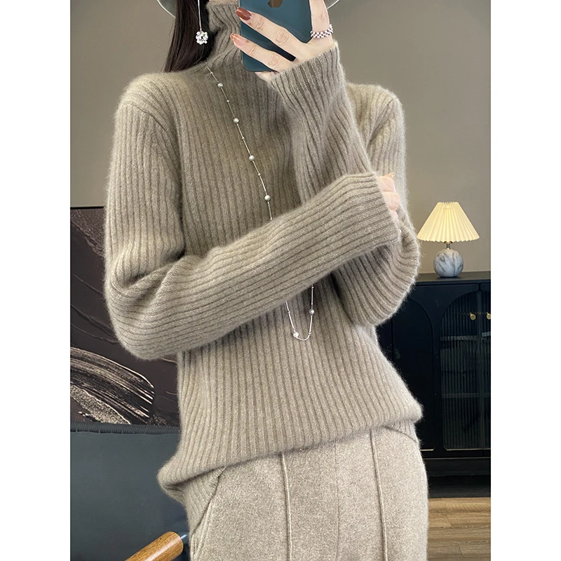 

2025 Autumn Winter 100% Merino Wool High-neck Striped Long-sleeve Sweater Simple Solid Color Comfortable Base Layer Knitwea Top