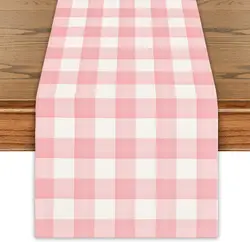 Pink White Buffalo Checked Plaid Linen Table Runners Dresser Scarf Decor Washable Dining Table Runners Holiday Party Decorations