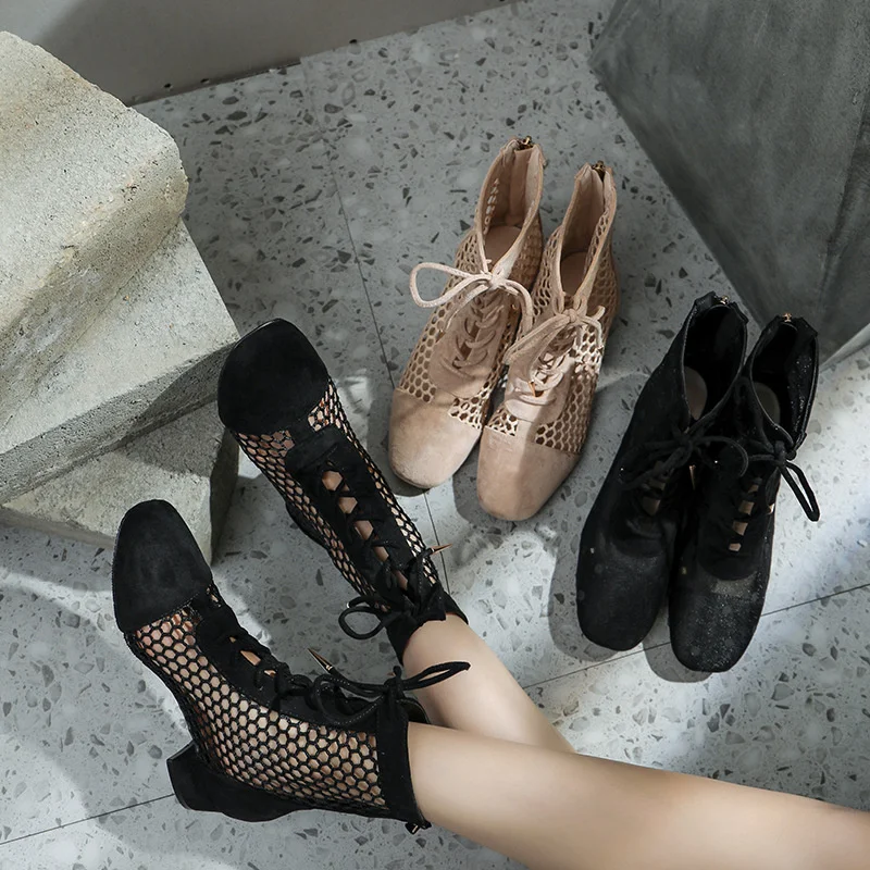 Fashion New Sexy Lace-up Mesh Hollow Ankle Boots Zapatos Mujer Elegantes Con Tacones Bajos Charms Zapatos De Mujer Envío Gratis