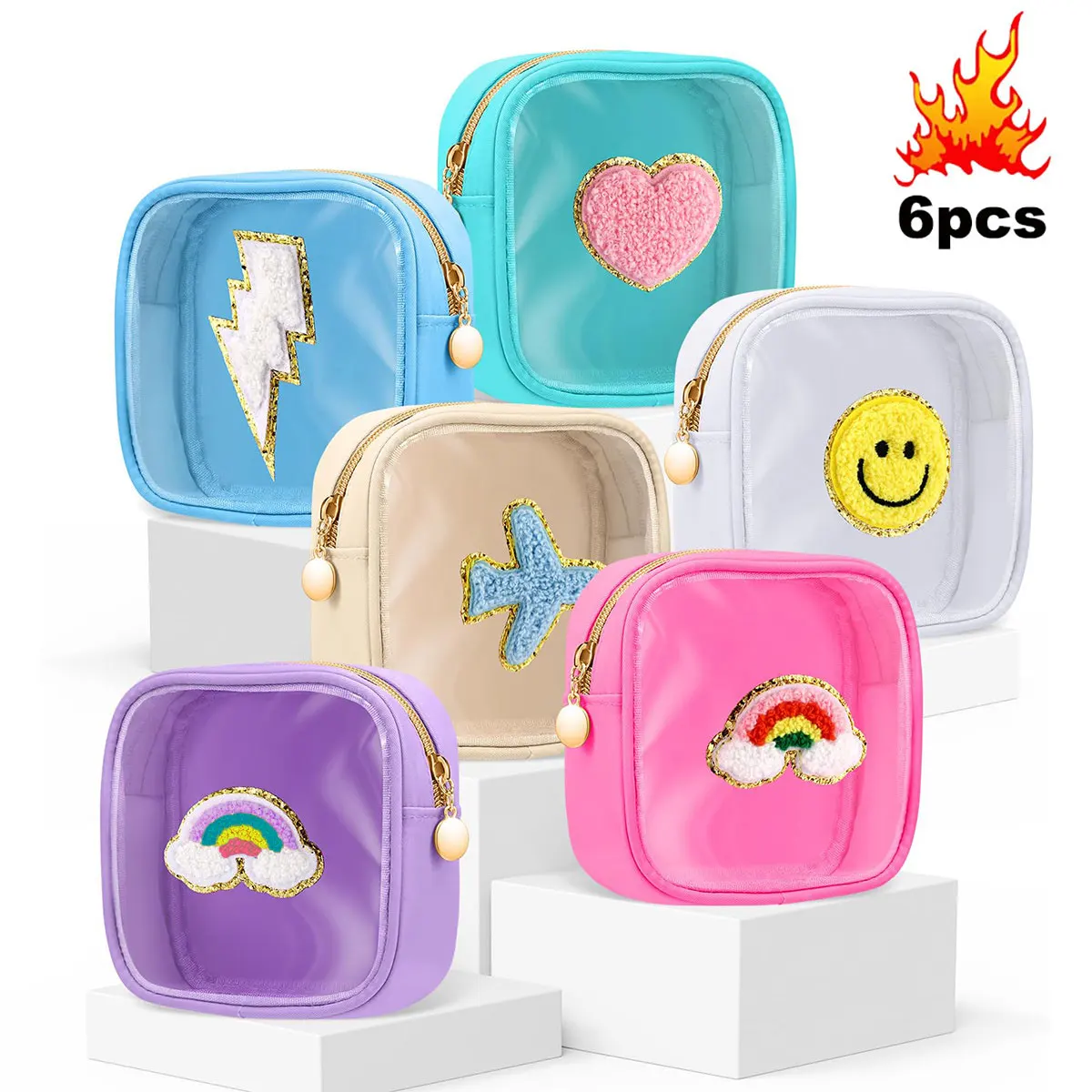 6 قطع/مجموعة حقيبة مكياج Preppy - حقيبة أدوات الزينة للسفر الشفافة مع سحاب، حقيبة مستحضرات تجميل من النايلون، هدايا مربعة صغيرة للنساء/ #1