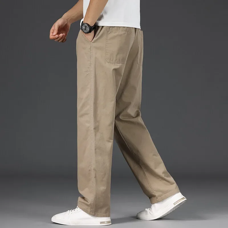 Men's Work Pants Made of Pure Cotton, Loose Fitting Straight Leg, Oversized Casual Pants with Elastic Waistband, Sports Pants