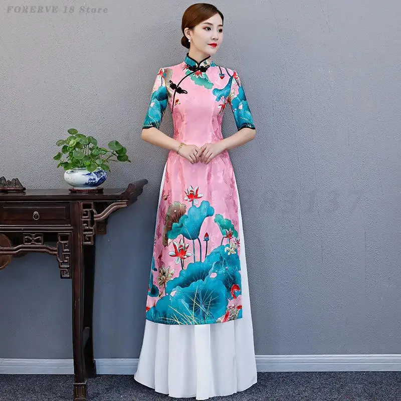 

Traditional Ao Dai Qipaos Vintage Improved New Chinese Style Dress Performance Dance Costume Elegant Fashion Show Cheongsam
