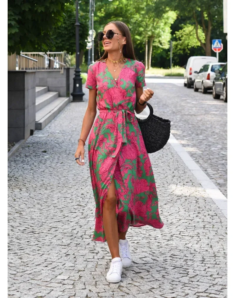 Summer Women\'s New V-Neck  Floral Printed Mid-Length Dress Split Vacation Style Fashion Long Dresses