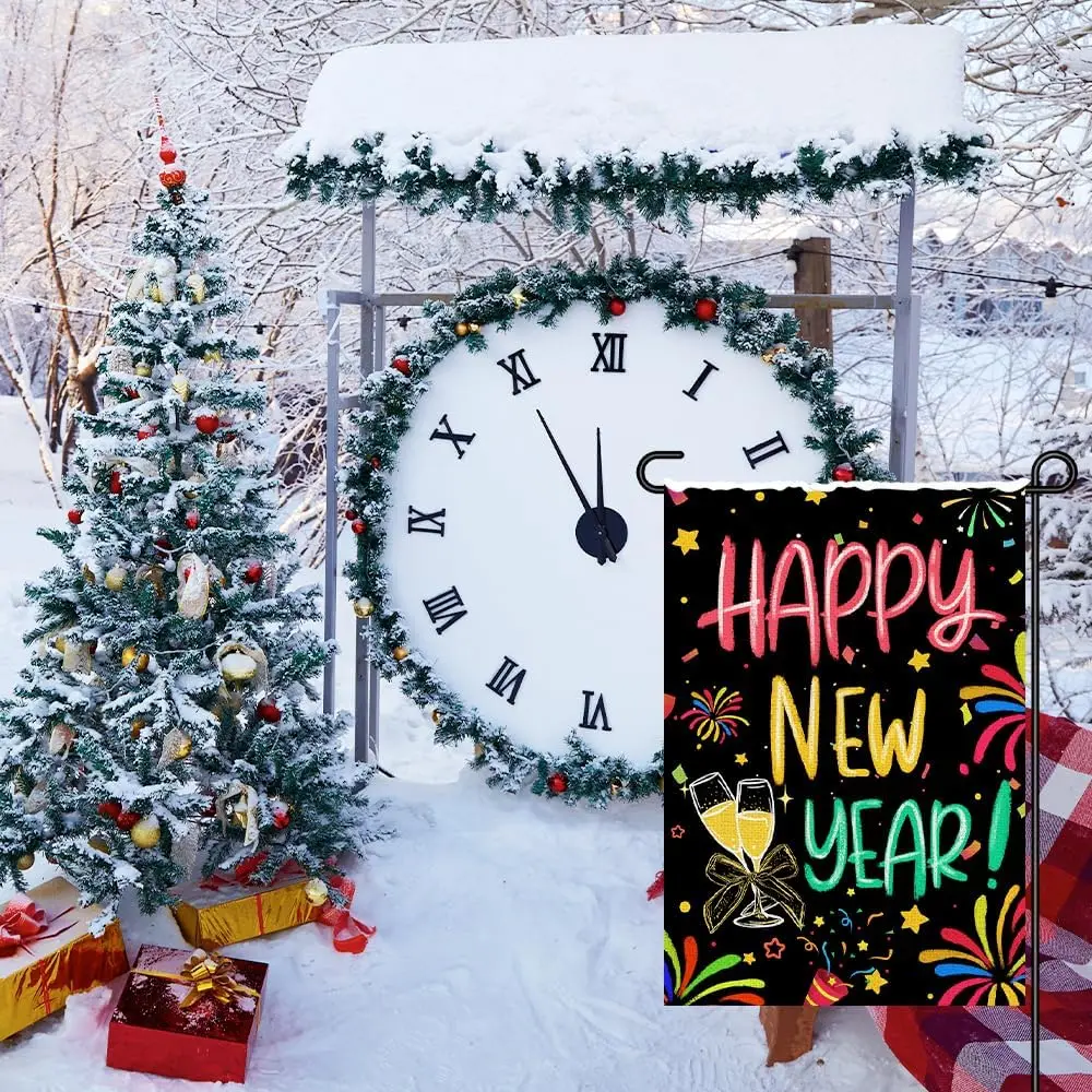 Happy New Year Garden Flags for Outside 12x18 Double Sided Burlap, Winter New Year's Welcome Sign Small Flag for Holiday UUL EEZ