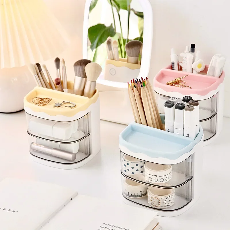 Practical Multi-Functional Desk Organizer Pen Holder Double Layers Rotating Pencils Storage Rack Student Cosmetics Storage Shelf