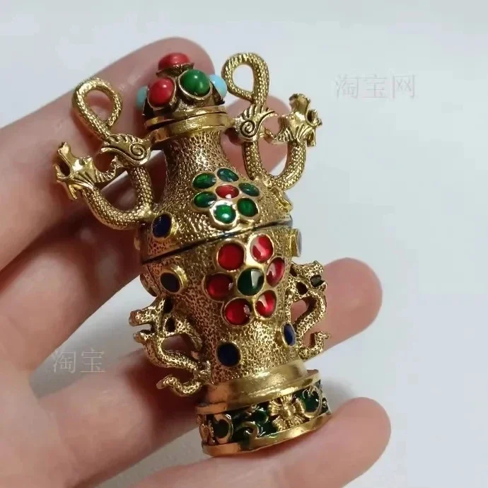 Hand-painted pink ceramic snuff bottle, copper cast double dragon and double phoenix antique porcelain snuff bottle, auspicious