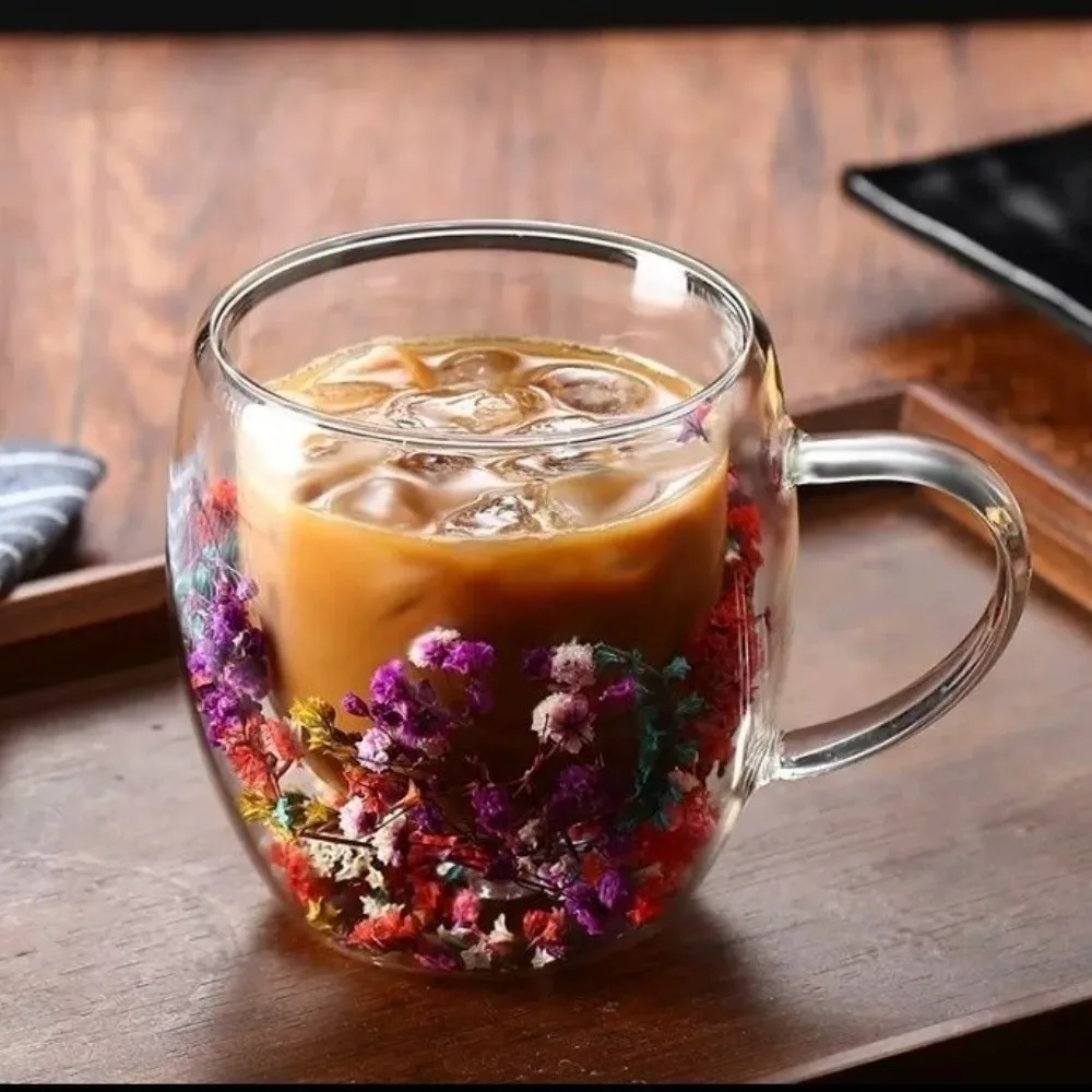 250ml Double-Wall Glass Mug with Dried Blooms, Heatproof Mug for Single-Serve Coffee or Tea, Insulated Design Keeps Hands Cool