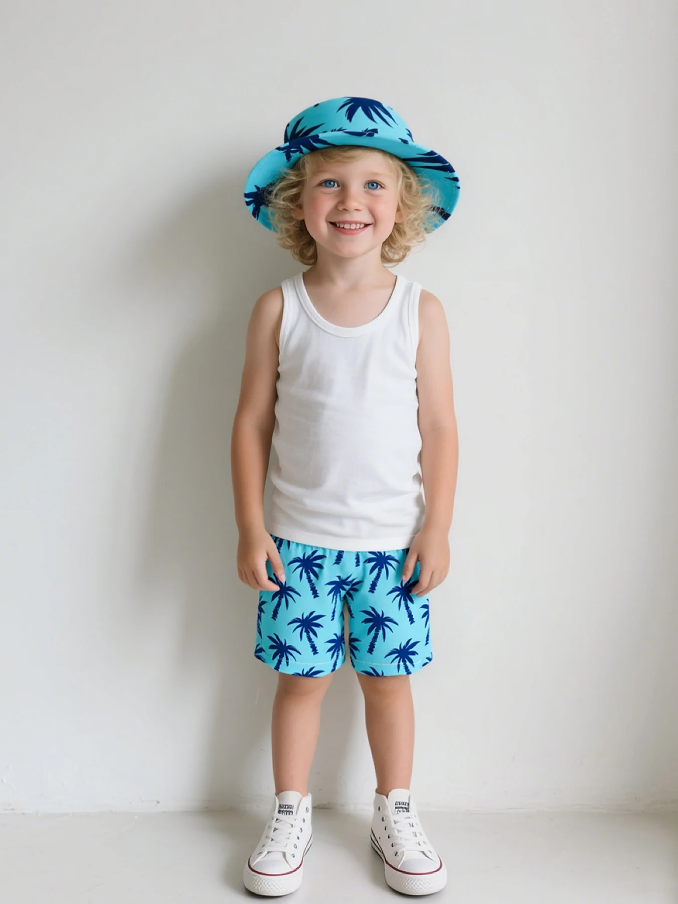

Boys' and Girls' Set, Big Boy Cowhide Waist Beach Shorts+Same Color Hat Casual Children's Clothing