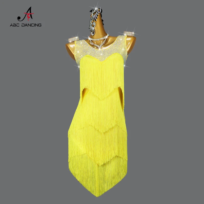 

New Yellow Latin Dance Dress Competition Fringe Skirt Ballroom Adult Prom Women Girl Sport party Sex Line Suit Dancewear costume