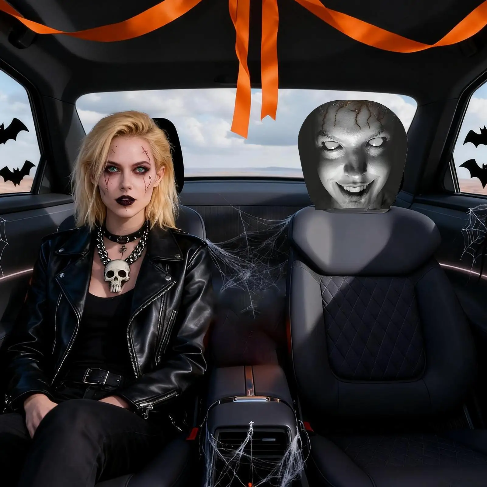 Car Headrest Cover 2 Piece Scary Face Pattern Automotive Seat Protector Cute Scary Face Pattern Cartoon Car Headrest Covers for view 3