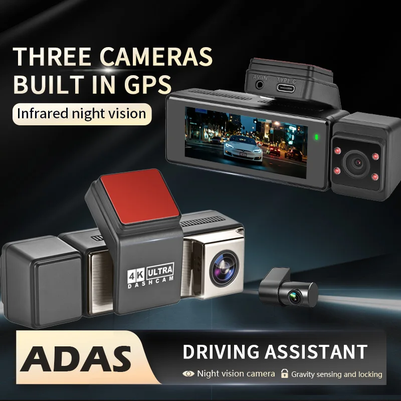 Dashboard Cam WIFI Front Inside Rear 4k Dvr 3 Channel 4k Global Positioning System Black Box with 3.16 for Wireless Discreet
