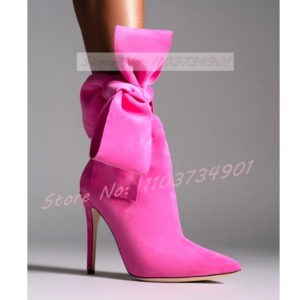 Bow-Tie Side Zipper Rose Red Ankle Boots Women Elegant Party Pointy Toe Thin High Heels Boots Ladies Sexy Concise Solid Shoes