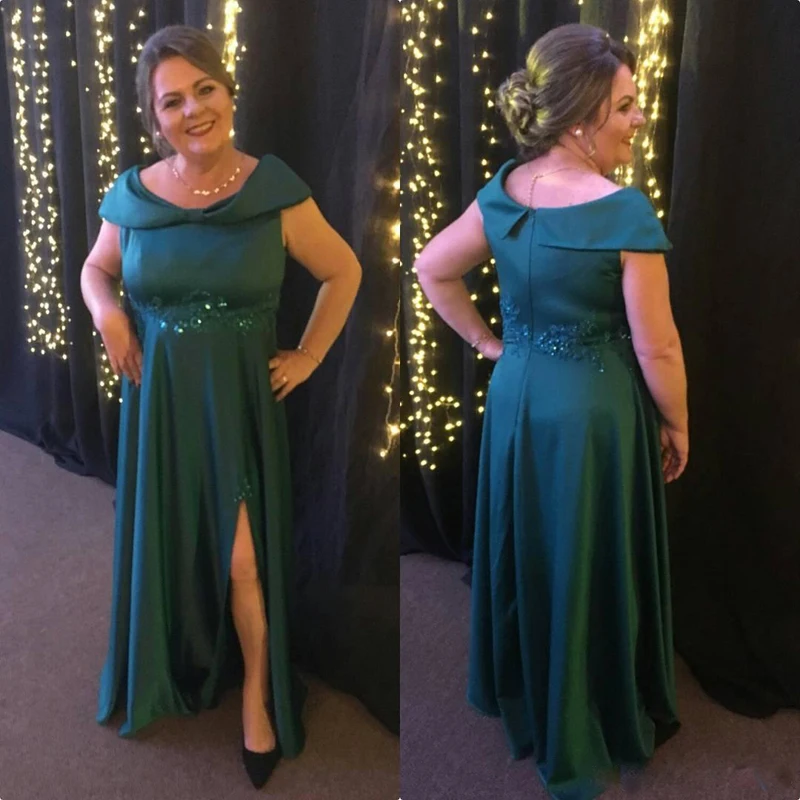 

Dark Green Long Mother of the Bride Dresses Satin Off Shoulder Split Wedding Guest Dress for Mother Plus Size Formal Party Dress
