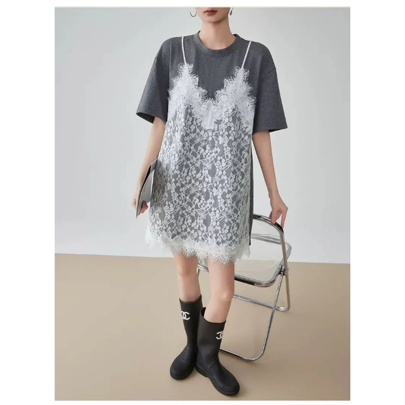 

Loose and Thin Splicing Lace Fake Two Pieces Casual Medium and Long Versatile Short-sleeved T-shirt Top Women